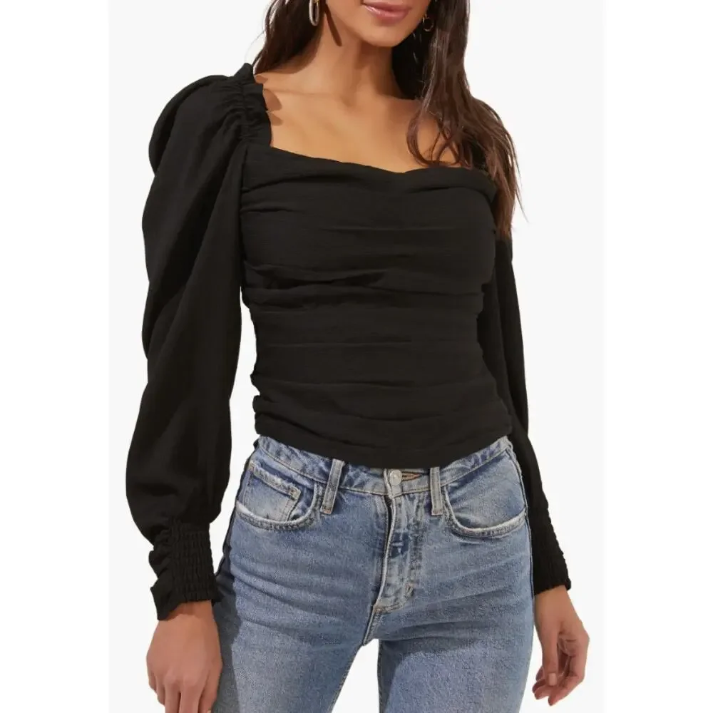 ASTR the Label Black Sweetheart Ruched Puff Long Sleeve Blouse Size Medium